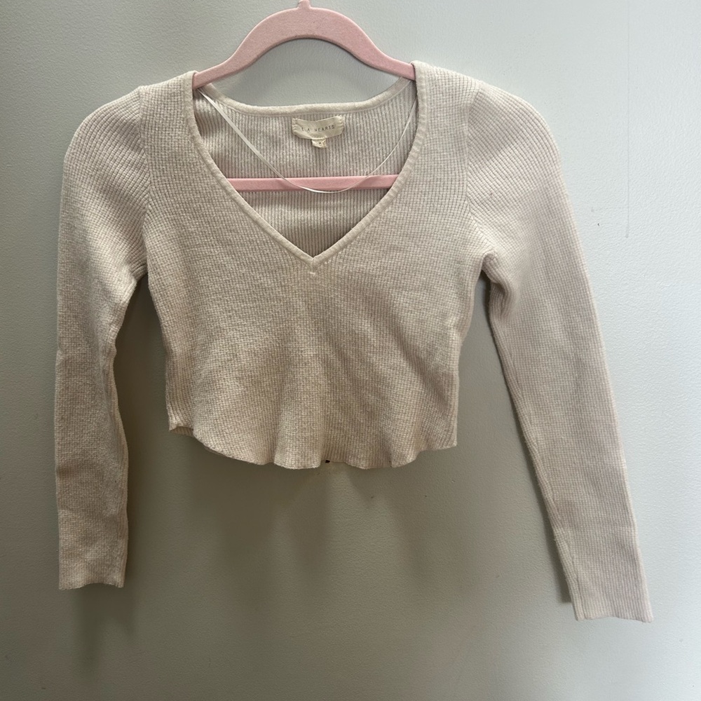 La Hearts Cream Ribbed Knit Cropped Top XS